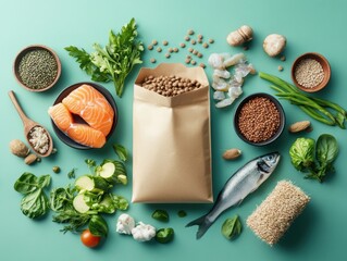 Fresh ingredients and healthy foods arranged on a light blue surface with various vegetables, fish, and grains
