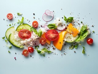 Fresh vegetables and herbs arranged on a blue background during daylight for a healthy meal preparation