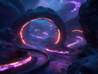 Dark cave with glowing rings and a winding path in a mystical setting