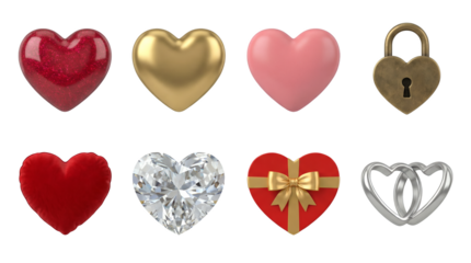 Heart set including glitter, gold, pink, lock, pillow, diamond, gift, and rings isolated. Valentine day and wedding anniversary icons.