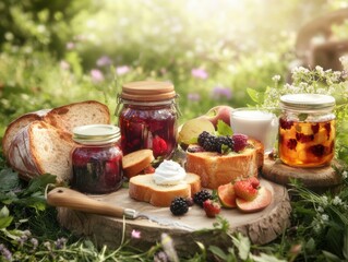 Fresh bread, jams, and fruits on a wooden board in a garden during daytime