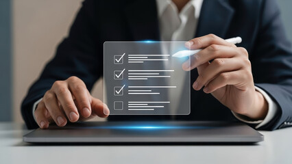 Business digital company paper management electronic security document technology online cyberspace virtual concept check survey analysis satisfaction approval hologram panel over tablet computer