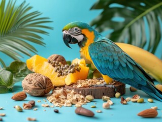 Parrot enjoys a colorful meal with fruits and nuts in a bright setting filled with plants at a tropical location
