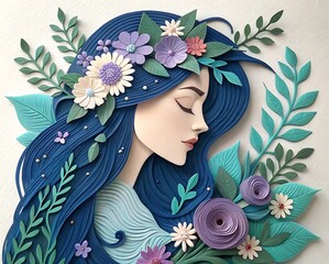 Beautiful paper cutout woman adorned with flowers and leaves
