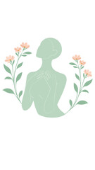 Minimal vertical illustration of a serene female silhouette with flowers, soft pastel green palette and clean line art, ideal for wellness branding, self care projects, beauty blogs, mindfulness