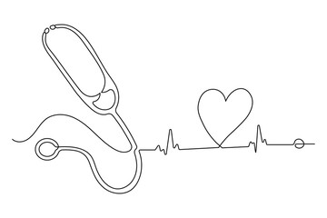 Clean minimalist medical illustration of a stethoscope created with one continuous line and smooth outline