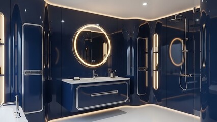 space age bathroom interior with a deep navy blue and chrome color palette