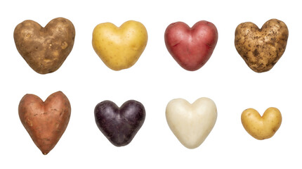 Obraz premium Heart shaped potato set including russet, gold, red, sweet, and purple varieties isolated. Vegetable collection for valentines day and healthy food concepts.