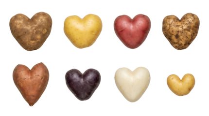 Heart shaped potato set including russet, gold, red, sweet, and purple varieties isolated. Vegetable collection for valentines day and healthy food concepts.