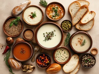 Different types of soups and bread on a table with herbs and spices in a kitchen setting