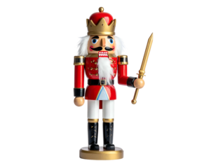 A festive wooden soldier figurine with a crown and a sword, on a black background