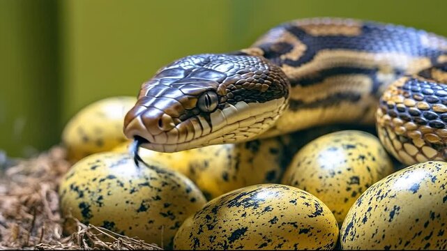 A close-up of a snake resting on yellow speckled eggs in a nest.