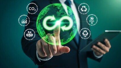Businessman interacting with a green holographic globe representing ESG sustainability and circular economy goals