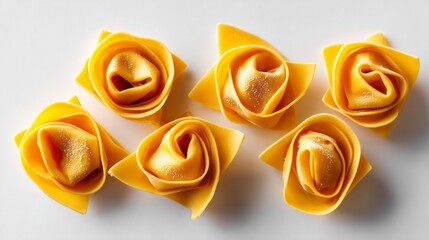 Intricately shaped tortellini lie gracefully on a pristine white surface. Their rich yellow color and delicate folds highlight the skill of Italian cuisine, inviting a taste experience