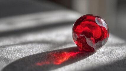 A red faceted glass sphere resting on a light fabric surface, casting a red reflection. Concept Red faceted glass sphere, Soft fabric surface, Red reflections, Close-up facets, Studio lighting