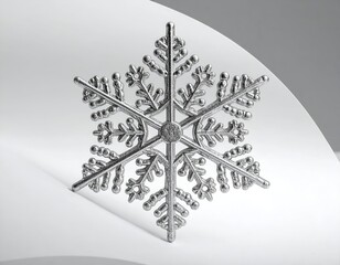 A metallic silver snowflake ornament, six-sided, casts a shadow on a white gradient background