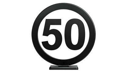 A black, 3D-rendered "50" in a circle, on a small stand, against a black background