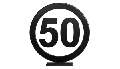 A black, 3D-rendered "50" in a circle, on a small stand, against a black background