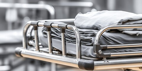 Healthcare concept image of acute abdominal pain symptom patient lying on hospital bed monitor equipment visible urgent mood cool color tone documentary photography style, Realistic Photo