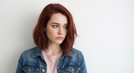 Fototapeta premium 赤い髪の若い女性が白い壁の前に佇み柔らかい光が彼女の物憂げな横顔を優しく照らす. AI Generated