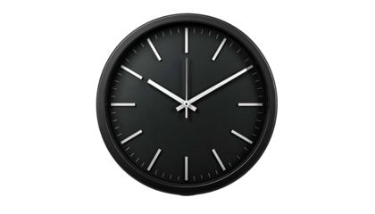 A sleek, modern black wall clock with silver hands, set against a dark background