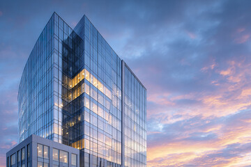 Modern glass office building with illuminated interior at sunset, reflecting colorful sky and clouds, showcasing corporate architecture and urban design in peaceful evening setting