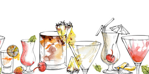 Tropical cocktail drinks, strawberry milkshake, pineapple Pina Colada, iced tea or Mai Tai, martini and Flatliner. Watercolor and ink seamless header hand drawn for menu dividers or food blog visuals.