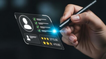 Hand using a digital stylus to sign a virtual profile card with rating stars and document checkmarks for user registration and onboarding.