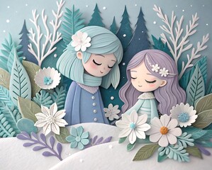 Two adorable girls in a whimsical winter forest surrounded by delicate flowers
