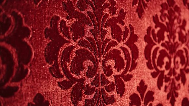 Close up of a red velvet fabric with ornate pattern for background or design
