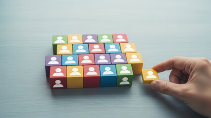 Human table puzzle background people block wood wooden resource concept management group assessment business career colorful cube arrangement show human icon profile on wooden block background