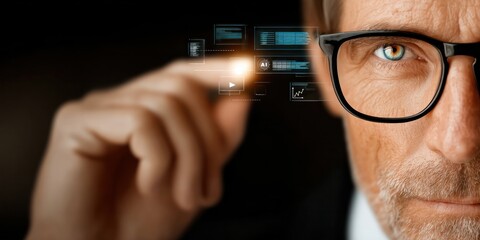 Mature businessman with glasses analyzing AI interface for consulting concept and future systems