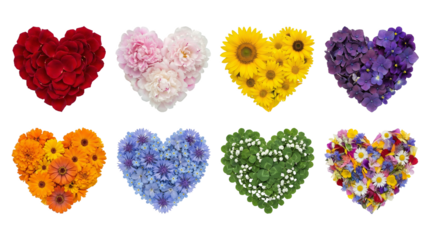 Floral heart set including rose, peony, sunflower, hydrangea, and wildflower arrangements isolated. Romantic botanical collection for valentines and wedding decor.