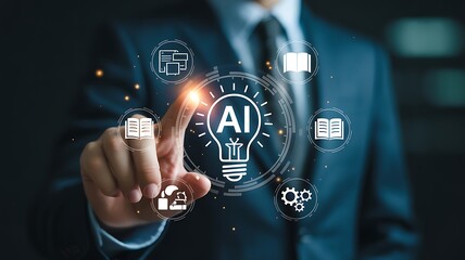 Artificial Intelligence for Knowledge and Education Concept with Digital AI Lightbulb and Learning Icons