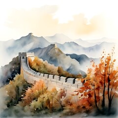 Majestic Wall: Serene Watercolor Landscape of the Great Wall