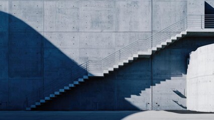 Concrete wall with a long diagonal staircase and bold shadows. Concept Urban Architecture, Diagonal Lines, Bold Shadows, Concrete Texture, Staircase Geometry