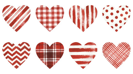 Obraz premium Red patterned heart set including stripes, polka dots, gingham, plaid, chevron, and crisscross designs. Hand painted watercolor decorative valentine element collection.