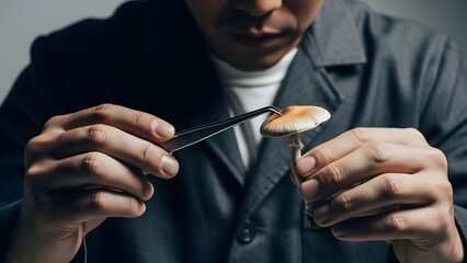 A close up view of an anonymous scientist in a dark lab coat using precision tweezers to analyze a small mushroom specimen