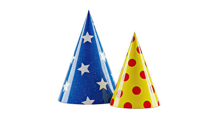 Two Festive Party Hats: Blue with Stars, Yellow with Polka Dots