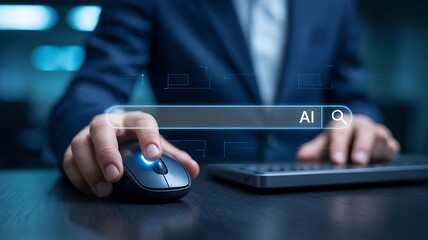 Business professional searching for advanced AI technologies on a laptop with a prominent digital search bar interface.