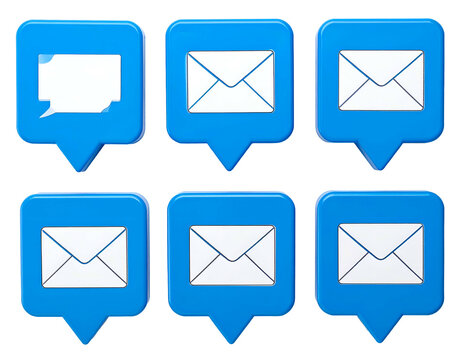 Six blue speech bubble icons; one chat and five email symbols - Powered by Adobe