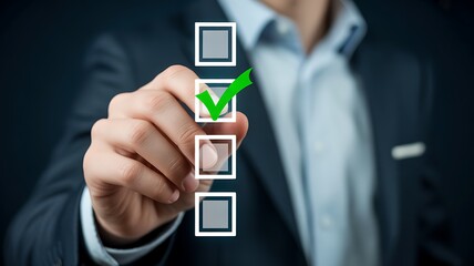 Close up of a businessman marking a task as complete on a digital vertical checklist interface