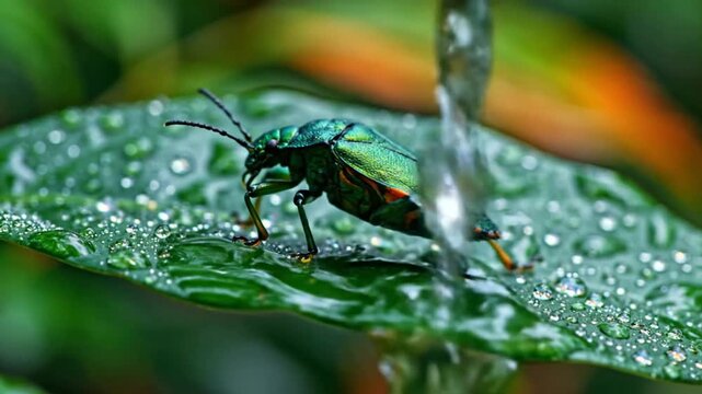 Emerald beetle perched on a wet green leaf, close-up with water droplets and blurred background