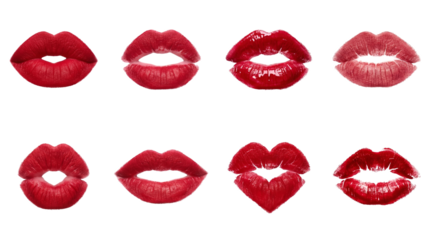 Red lipstick kiss marks set including matte, glossy, heart shaped, and smudged prints isolated. Beauty and romantic makeup collection.
