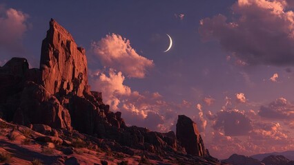 Rugged desert rock formations at sunset with a crescent moon in a pink-orange sky. Concept Desert Landscape, Sunset Glow, Crescent Moon, Rugged Rocks, Pink-Orange Sky