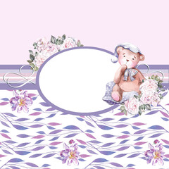 baby bear with a flower frame, baby shower card, photo frame