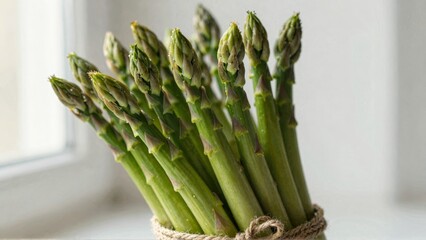 Fresh green asparagus spears with water droplets