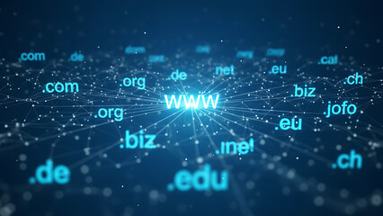 Visual representation of the World Wide Web with various domain extensions, highlighting global digital connections and online presence