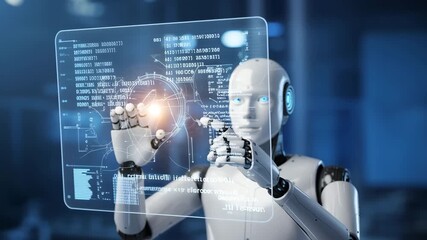 Futuristic robot interacts with a glowing holographic interface displaying scrolling data and charts on a cinematic background with controlled zoom and tracking camera - Powered by Adobe