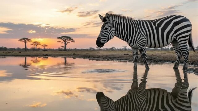 Zebra drinking water at sunset with reflection african savanna landscape